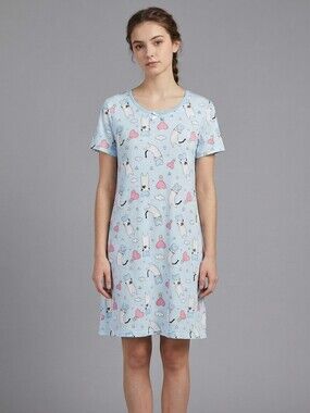 Esti Couture Juniors Blue Cat & Dog Print Short Sleeve Night Gown Size Large 🐈
